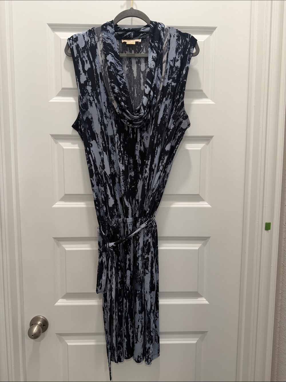 Michael Kors Sleeveless Cowl-Neck Abstract Print Dress in Navy and Light Blue